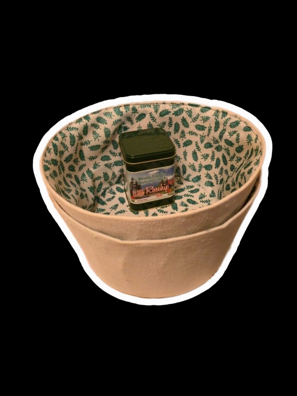 Storage Basket with Green Leaf Lining And Empty Tea Tin